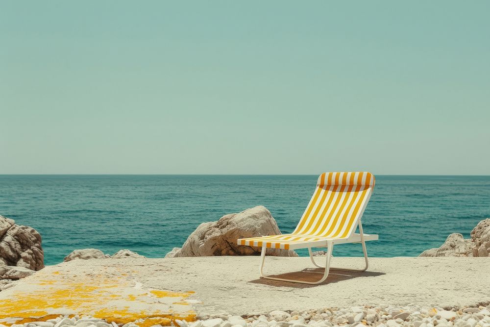 Beach lounge chair yellow and white striped furniture outdoors horizon.