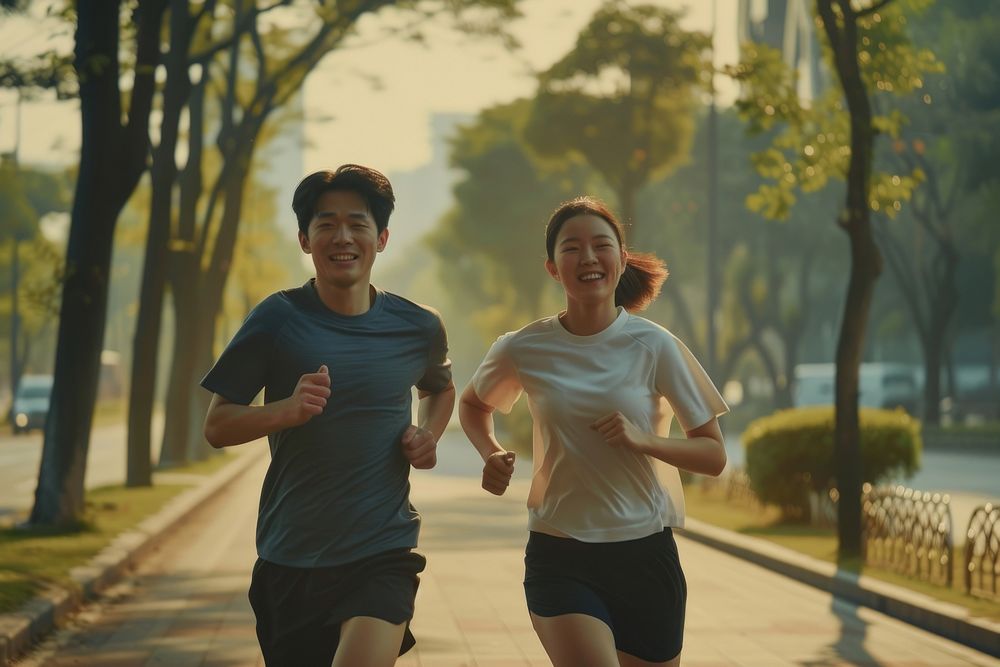 Couple wearing sportwear running together jogging sports shorts.