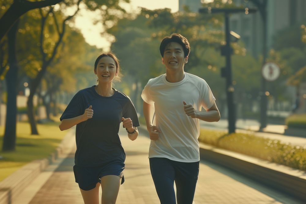 Couple wearing sportwear running together jogging sports adult.