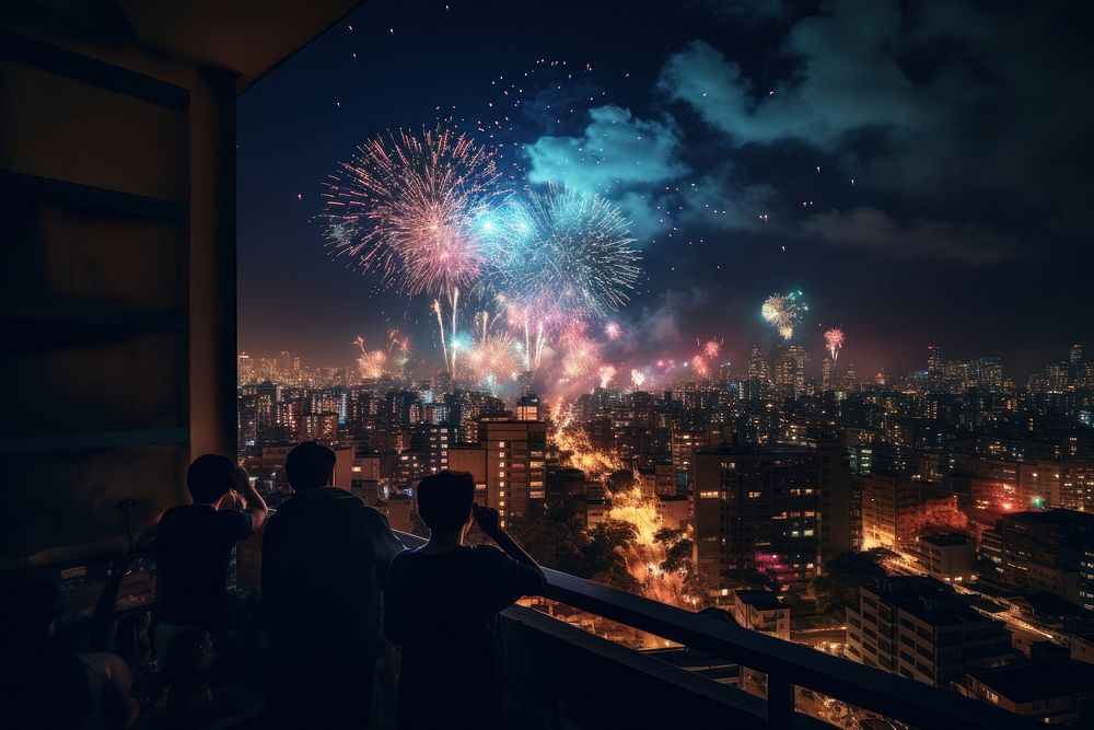 People celebrate new year fireworks architecture cityscape.