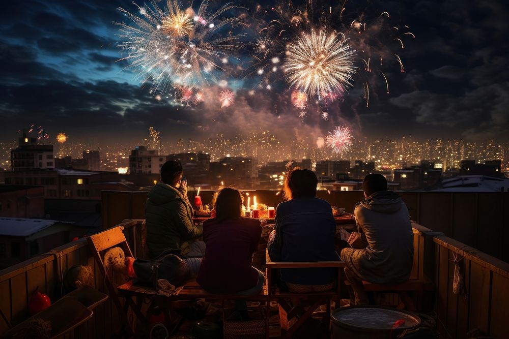 People celebrate new year fireworks architecture cityscape.