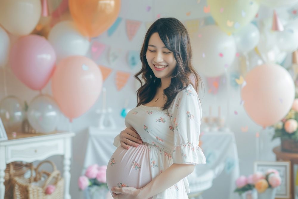 Pregnant woman stand balloon adult happy.