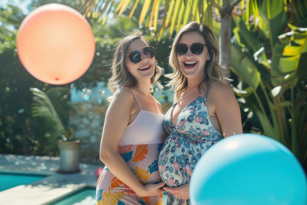Pregnant woman stand and friend celebrate with her sunglasses laughing portrait.
