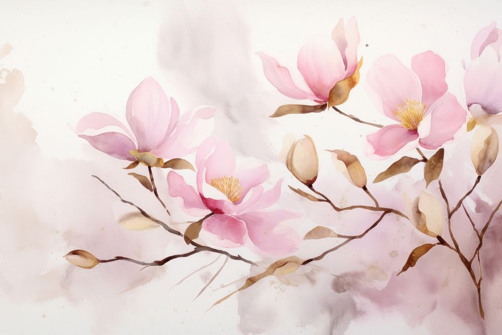 Pink magnolia watercolor background painting blossom flower.