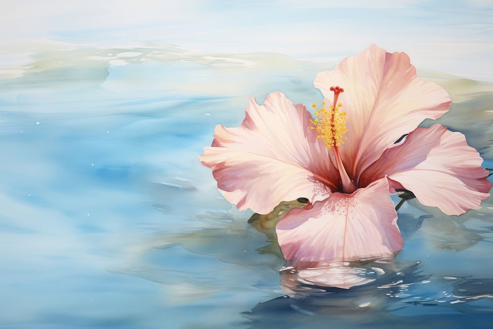 Blue sea watercolor background hibiscus flower floating.