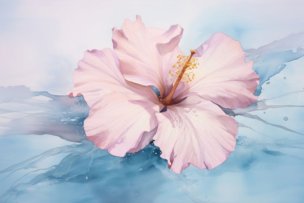 Blue sea watercolor background hibiscus flower blossom.