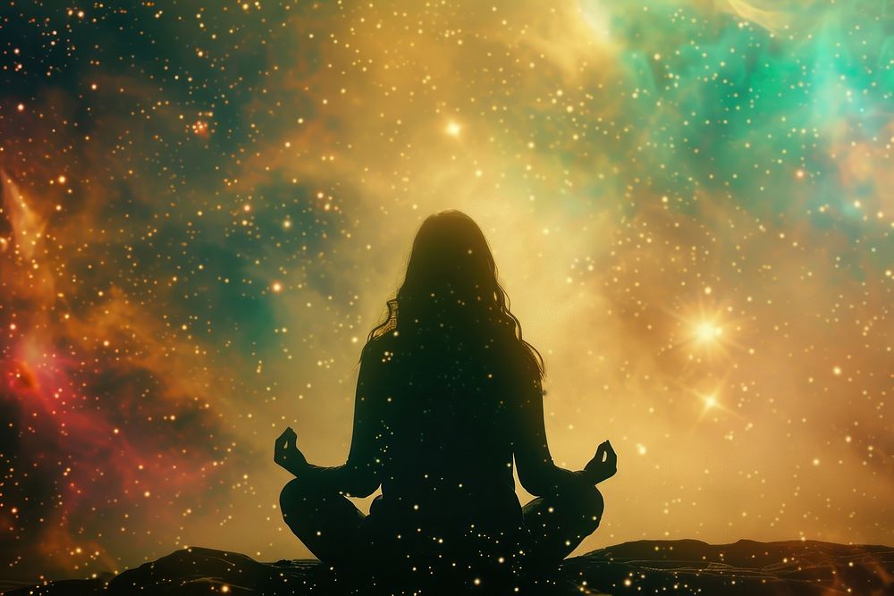 Woman doing meditation spirituality silhouette space.