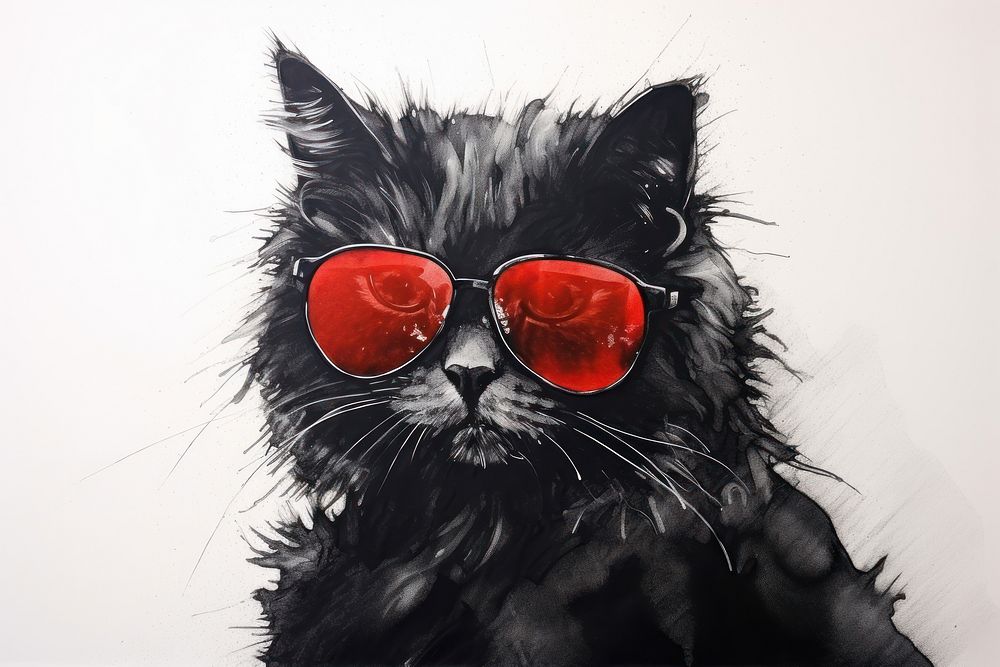Silkscreen of a cat sunglasses art drawing.