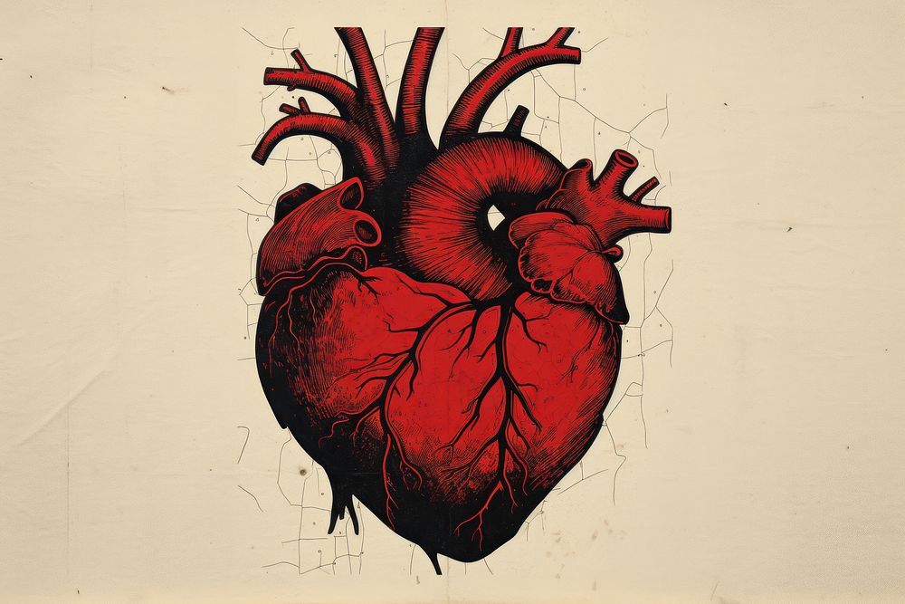 Silkscreen of a anatomical heart red creativity painting.