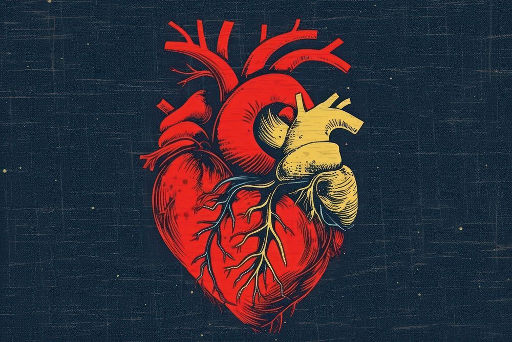 Silkscreen of a anatomical heart cartoon red creativity.