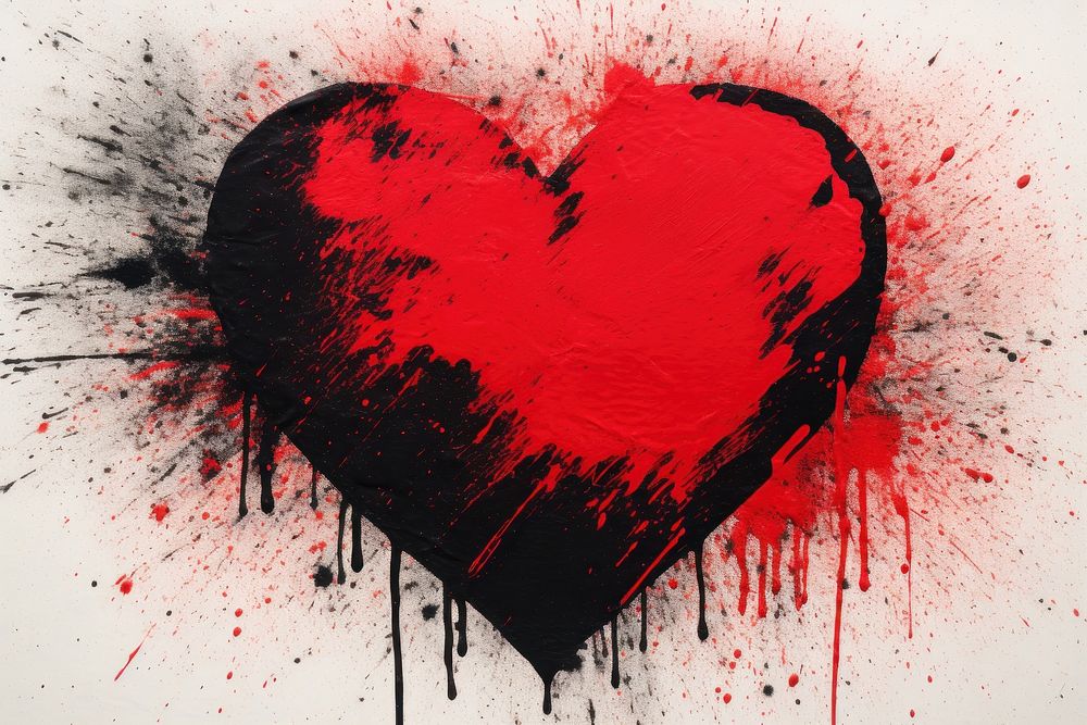Silkscreen of a heart symbol backgrounds red splattered.