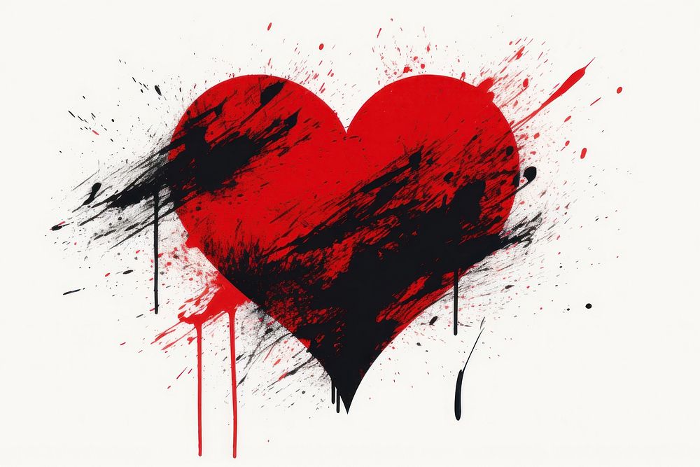Silkscreen of a heart symbol red splattered creativity.