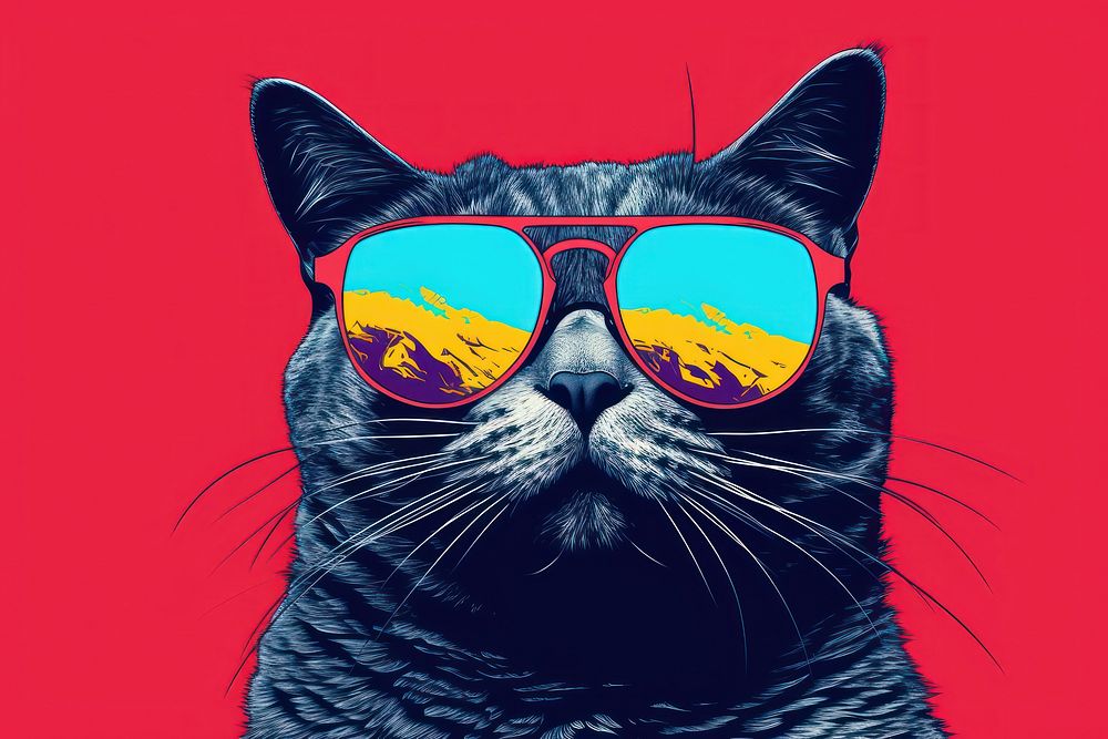 Silkscreen of a tabby cat sunglasses animal mammal.