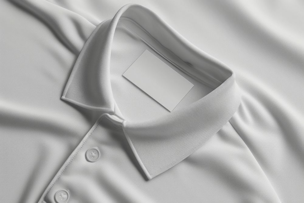 Empty white fabric label tag printing inside neck knit polo shirt backgrounds monochrome outerwear.