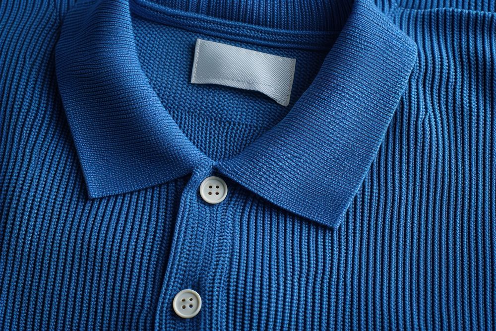 Empty white label tag printing inside neck blue ribbed knit polo shirt sweater backgrounds outerwear.