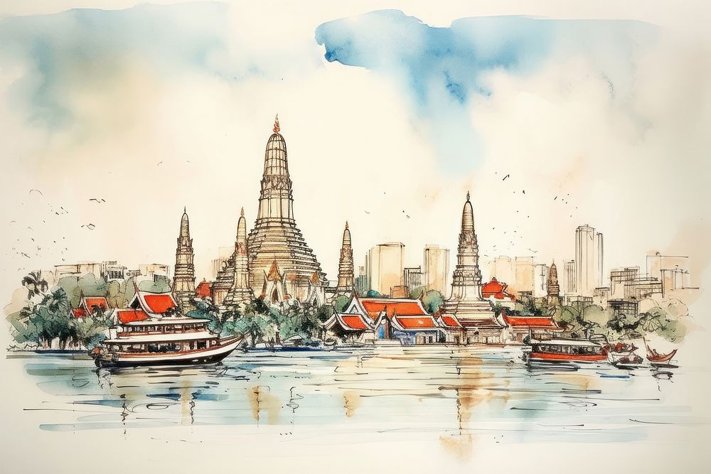 Thailand Bangkok city sketch architecture building.