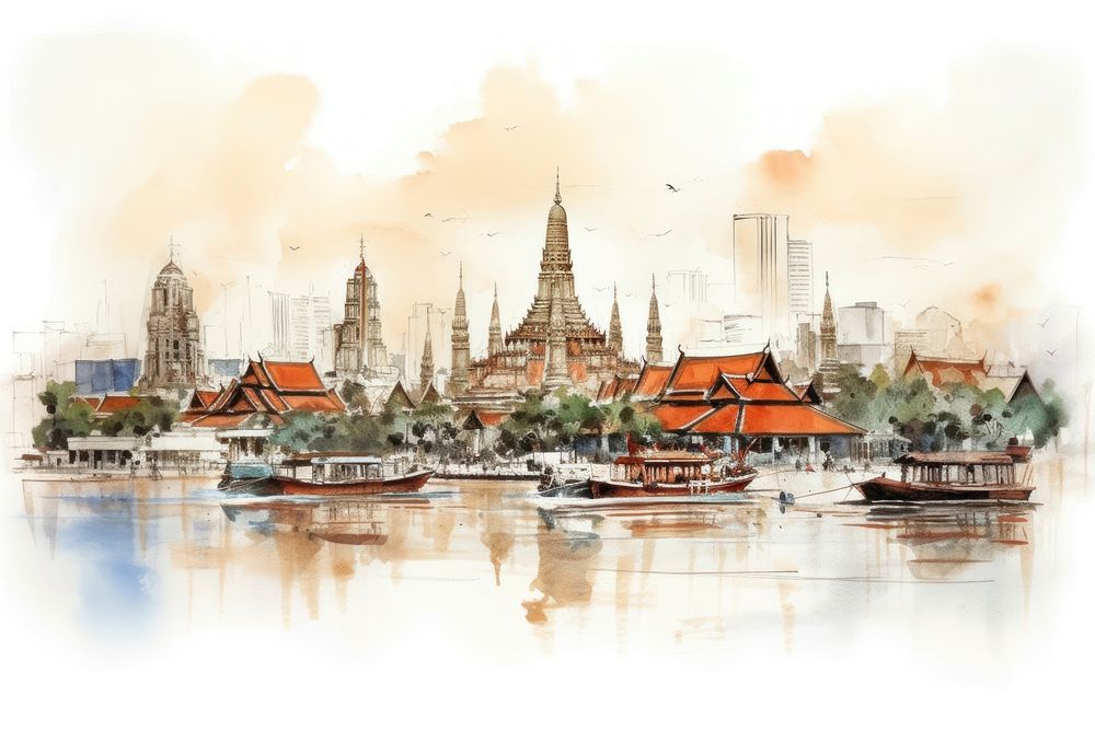 Thailand Bangkok city landscape outdoors sketch.
