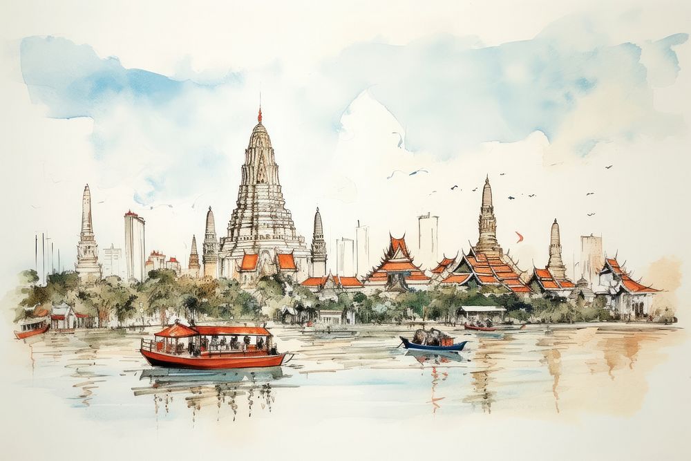 Thailand Bangkok city sketch landscape painting.