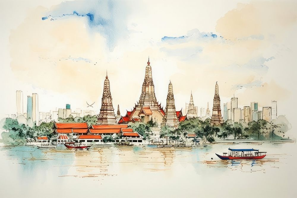 Thailand Bangkok city sketch waterfront landscape.