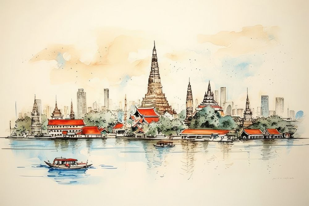Thailand Bangkok city sketch art architecture.