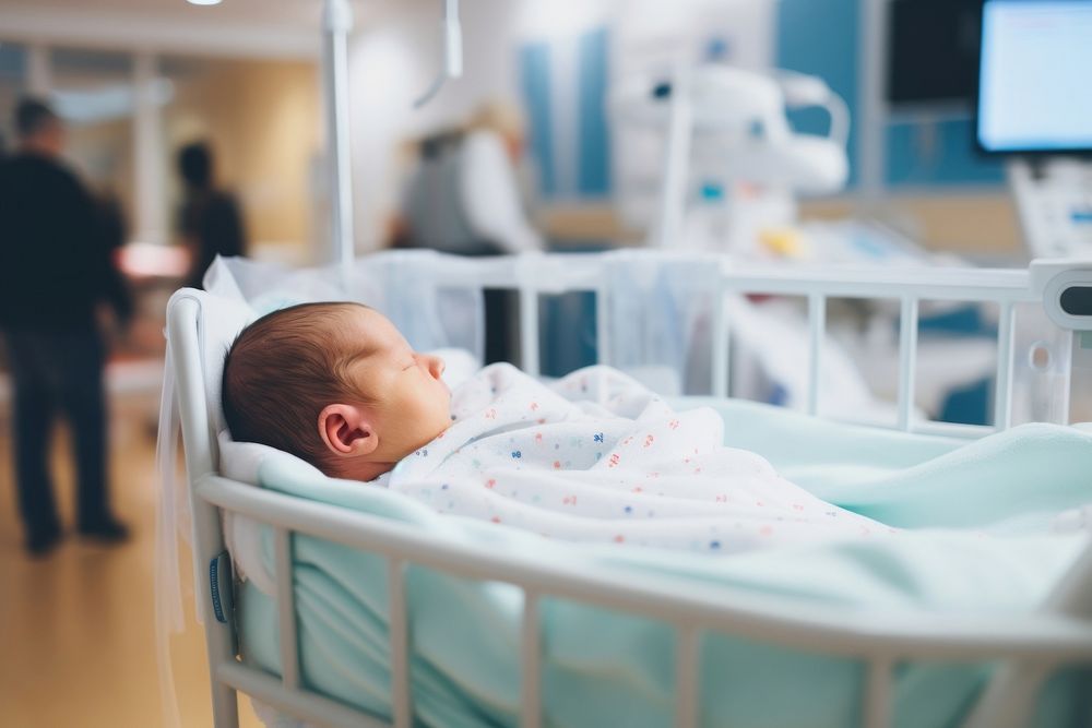 Newborn baby lying in bassinet hospital care cute.