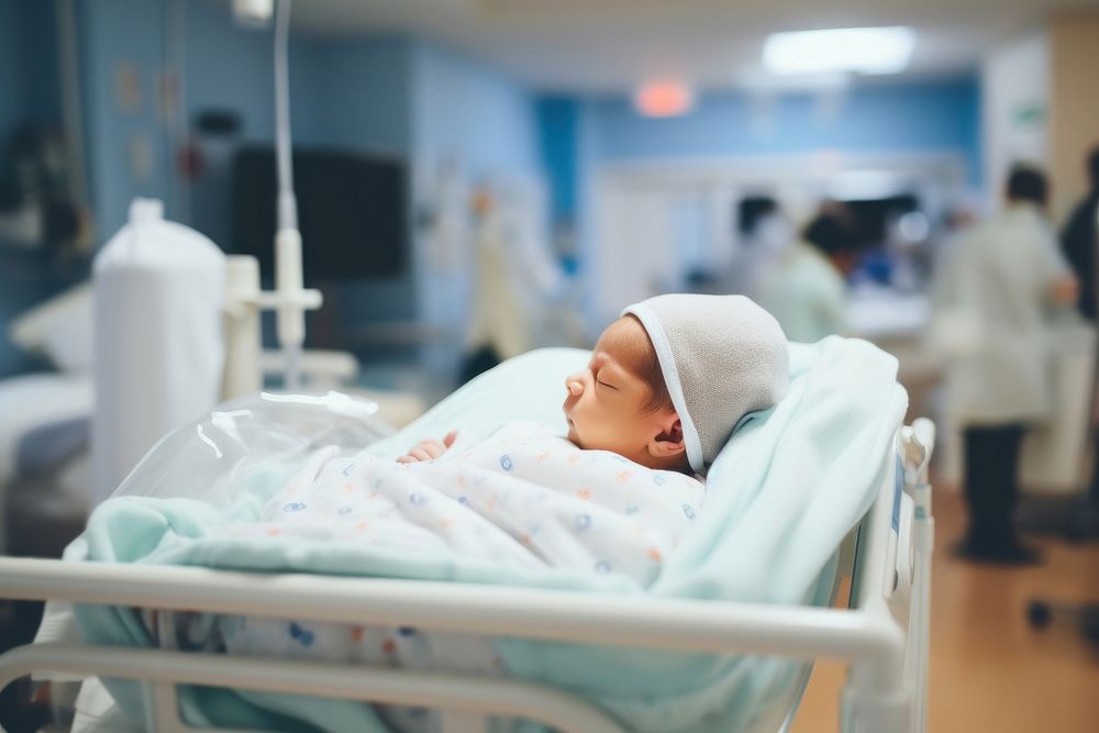 Newborn baby lying in bassinet hospital furniture adult.