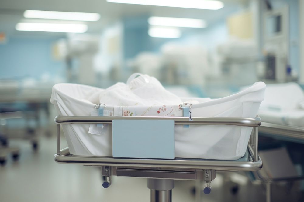 Newborn baby lying in bassinet hospital furniture bed.