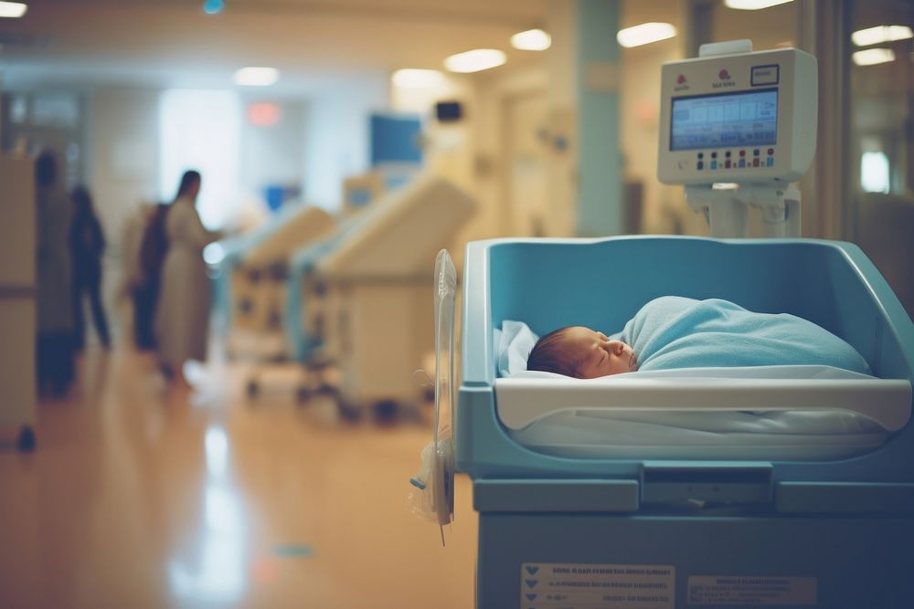 Newborn baby lying in bassinet hospital furniture crib.