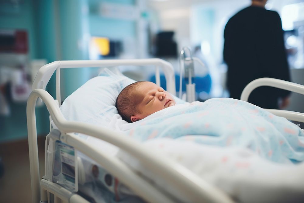 Newborn baby lying in bassinet hospital childbirth furniture.