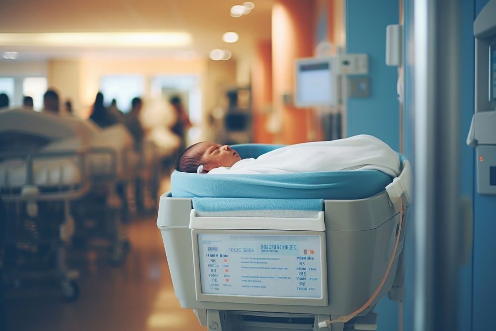 Newborn baby lying in bassinet hospital furniture architecture.