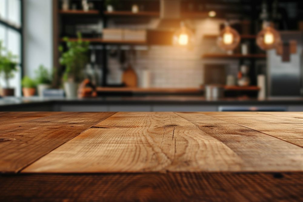 Empty wood table top and blur bokeh kitchen backgrounds furniture.