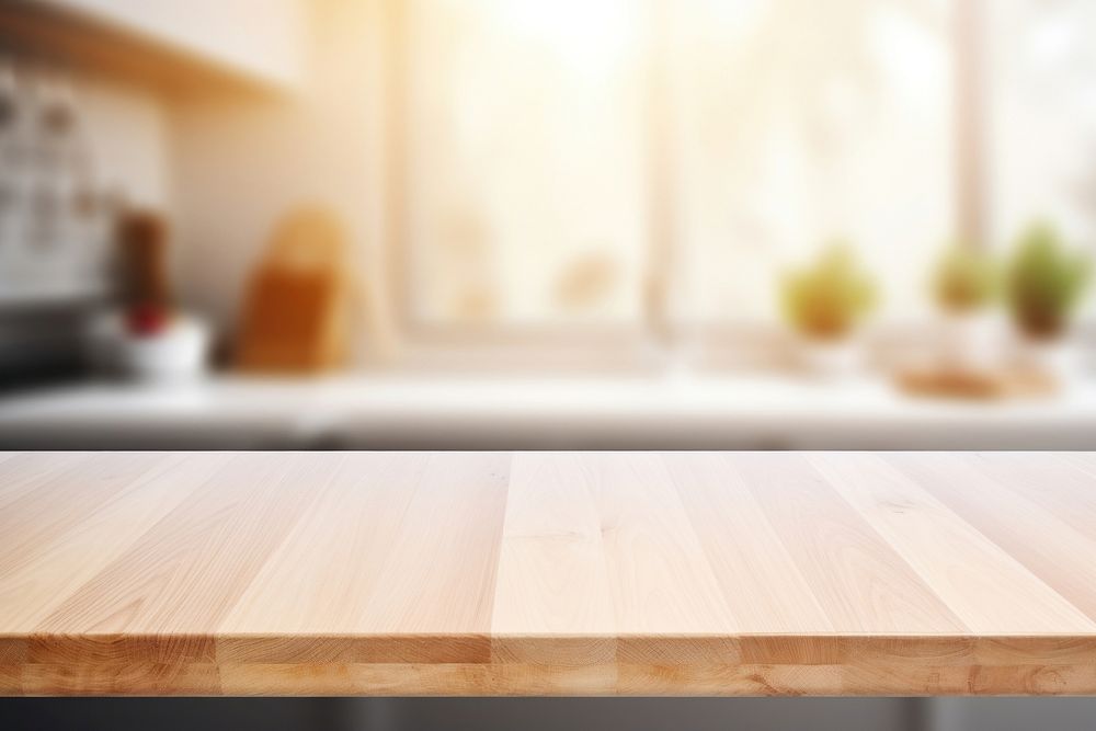 Empty wood table top and blur bokeh backgrounds hardwood kitchen.