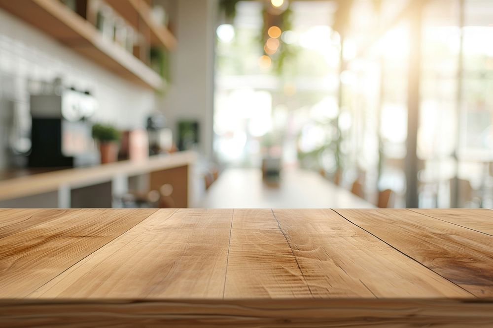 Empty wood table top and blur bokeh furniture hardwood flooring.