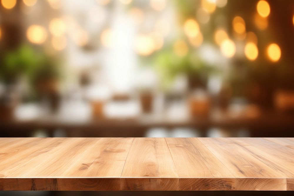 Empty wood table top and blur bokeh backgrounds hardwood illuminated.