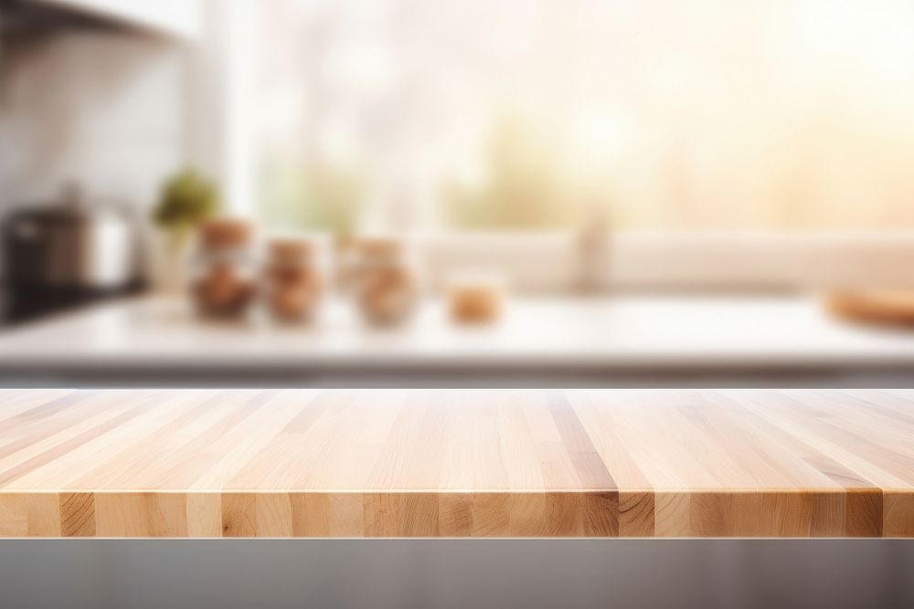 Empty wood table top and blur bokeh backgrounds kitchen countertop.