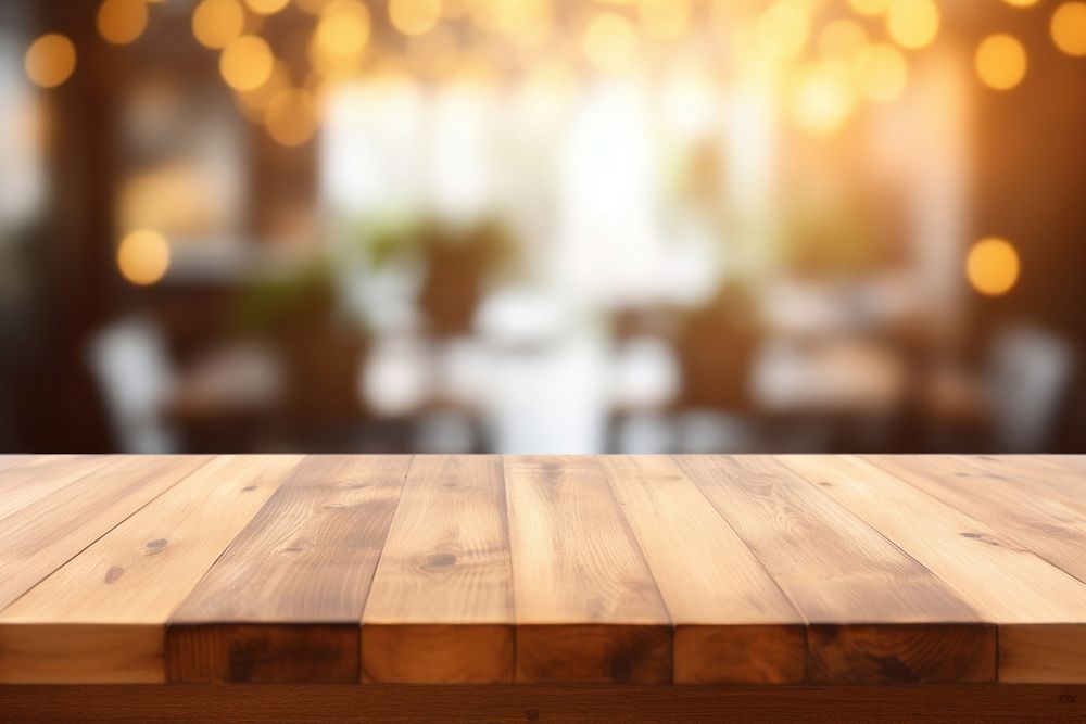 Empty wood table top and blur bokeh backgrounds hardwood architecture.