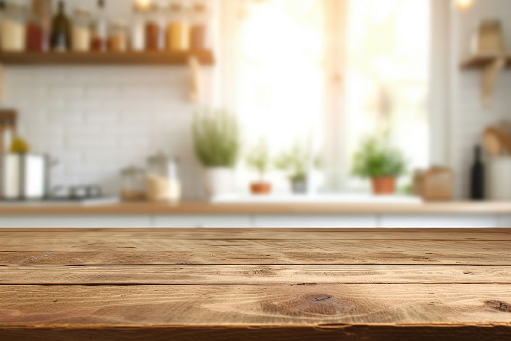 Empty wood table top and blur bokeh backgrounds furniture hardwood.