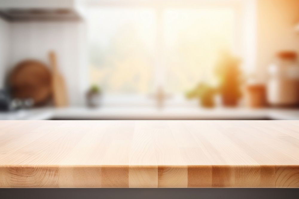 Empty wood table top and blur bokeh backgrounds kitchen window.