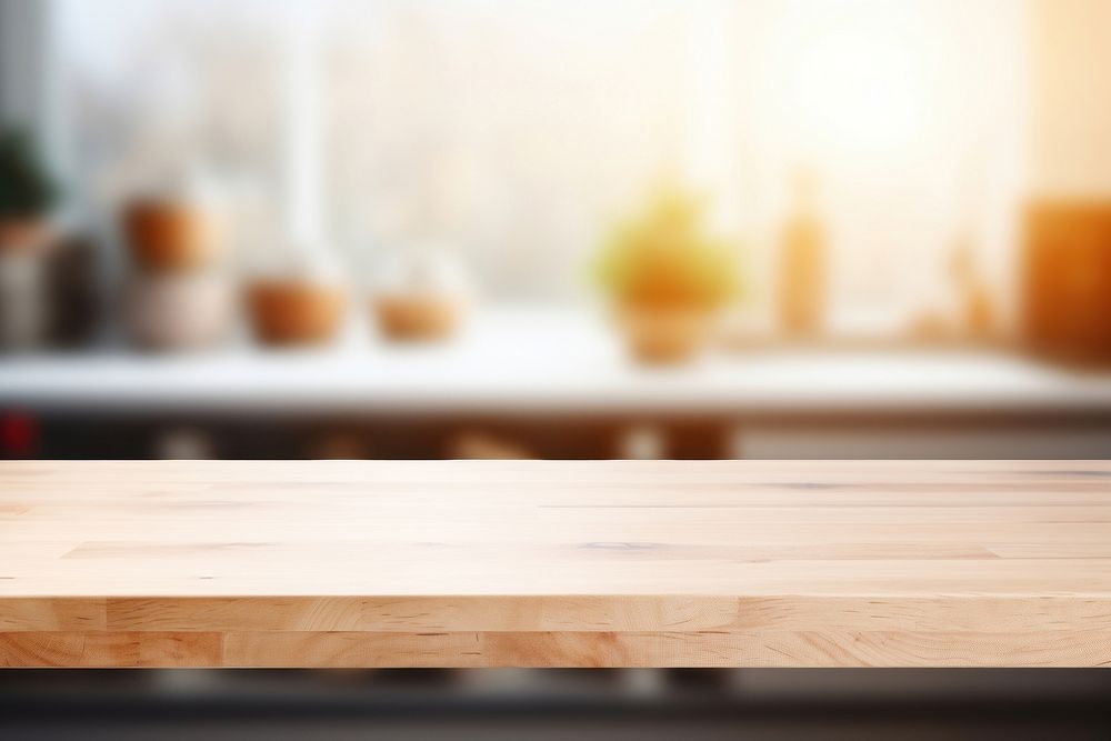 Empty wood table top and blur bokeh backgrounds kitchen architecture.