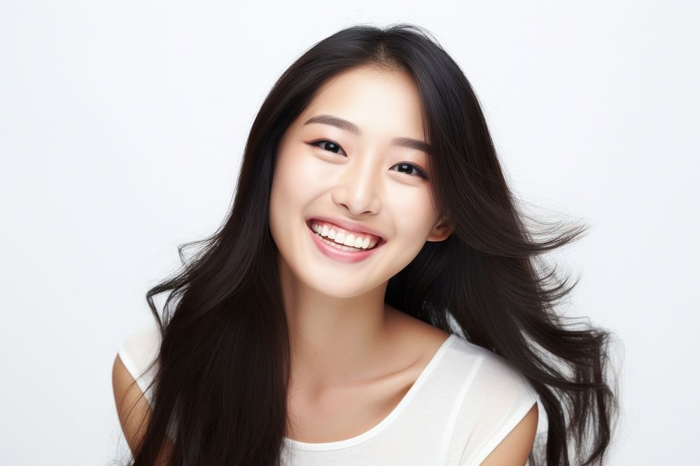 Portrait of positive cheerful asian pretty girl portrait adult smile.