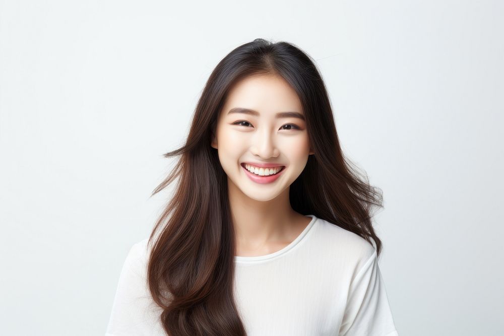 Portrait of positive cheerful asian pretty girl portrait adult smile.
