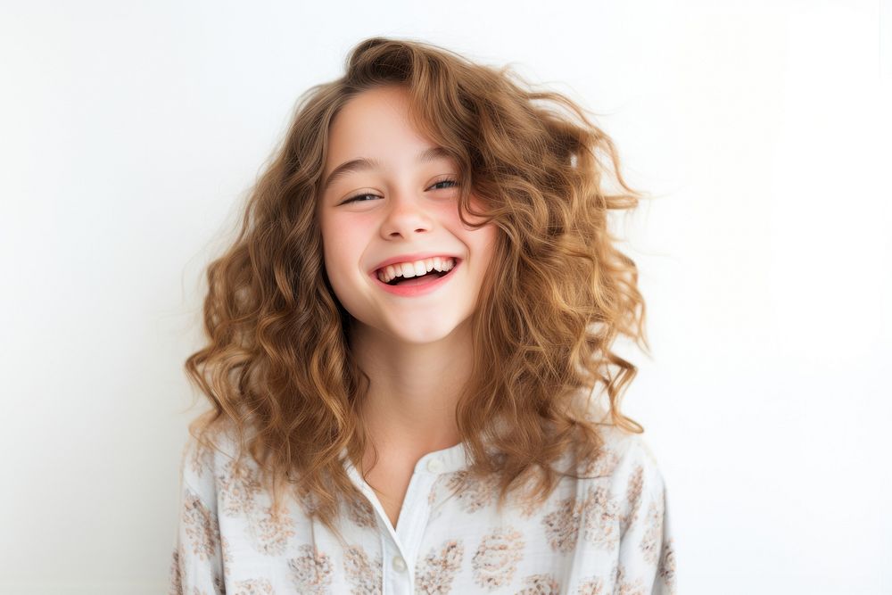 Portrait of positive cheerful pretty girl laughing portrait smile.