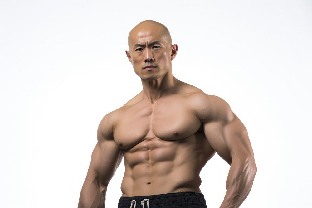 Portrait of Strong bald asian bodybuilder portrait torso adult.