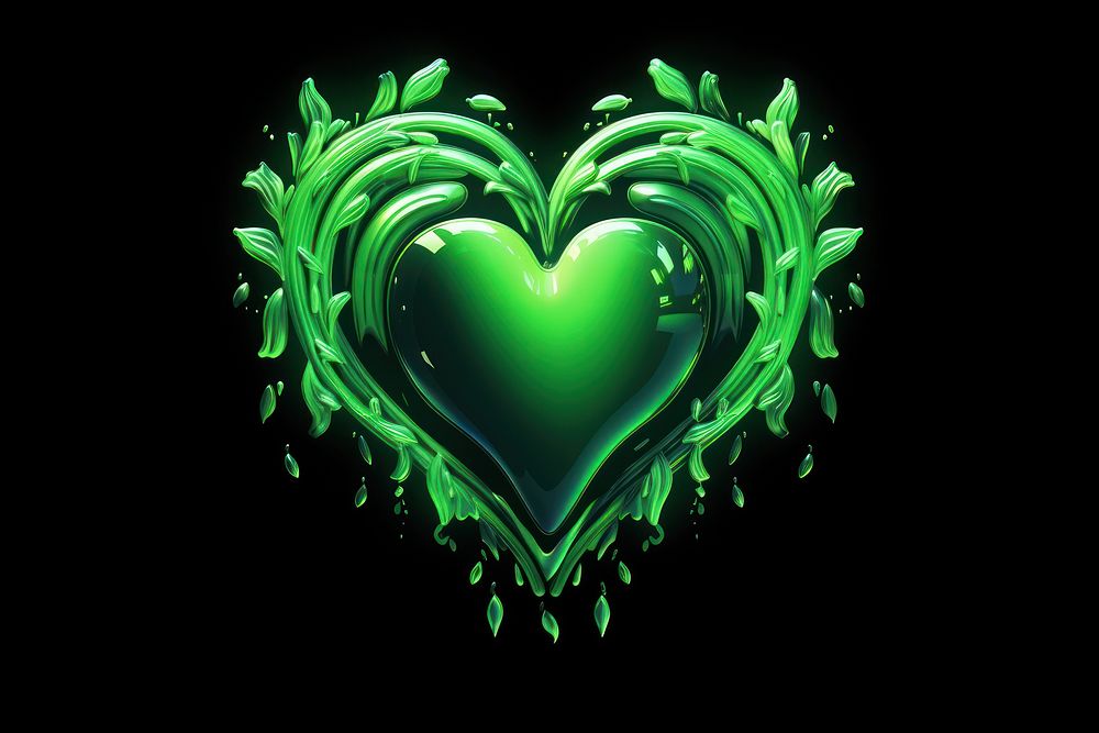 Green heart chandelier darkness glowing.