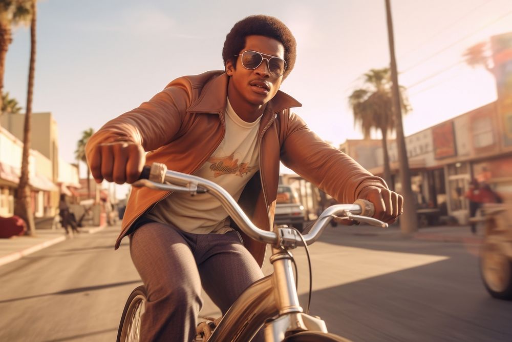 Young black man riding lowrider bike portrait bicycle vehicle.
