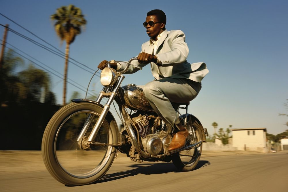 Young black man riding lowrider bike motorcycle portrait vehicle.