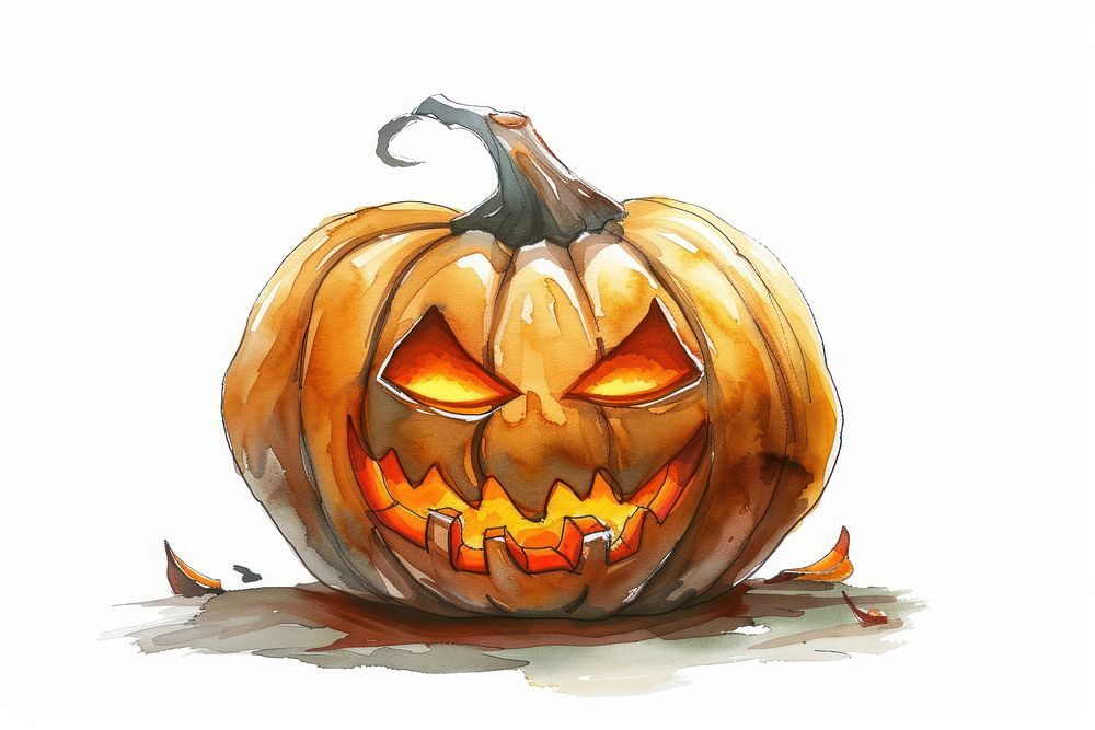 Watercolor illustration of pumpkin vegetable halloween food.