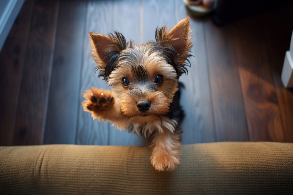 Yorkie looking up at camera animal pet terrier.