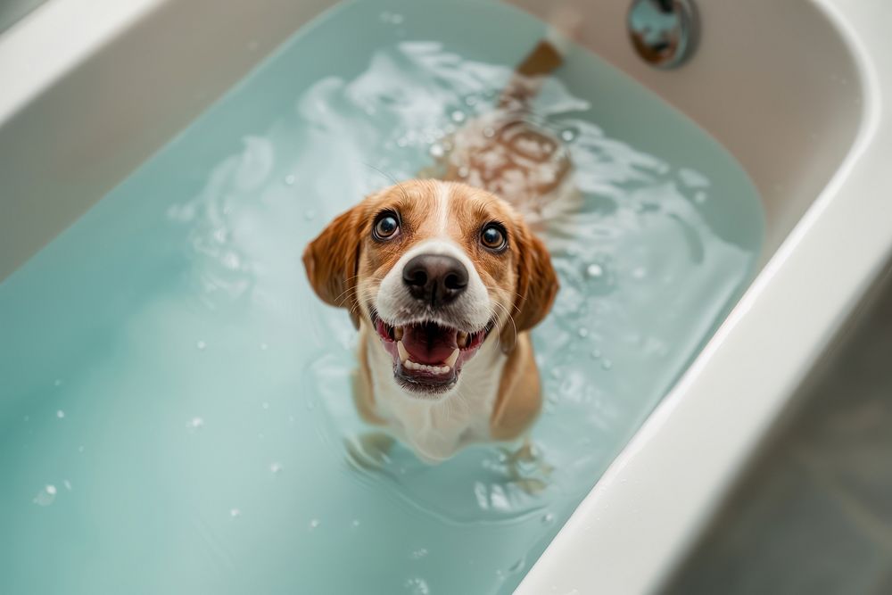 Beagle looking up animal pet bathing.