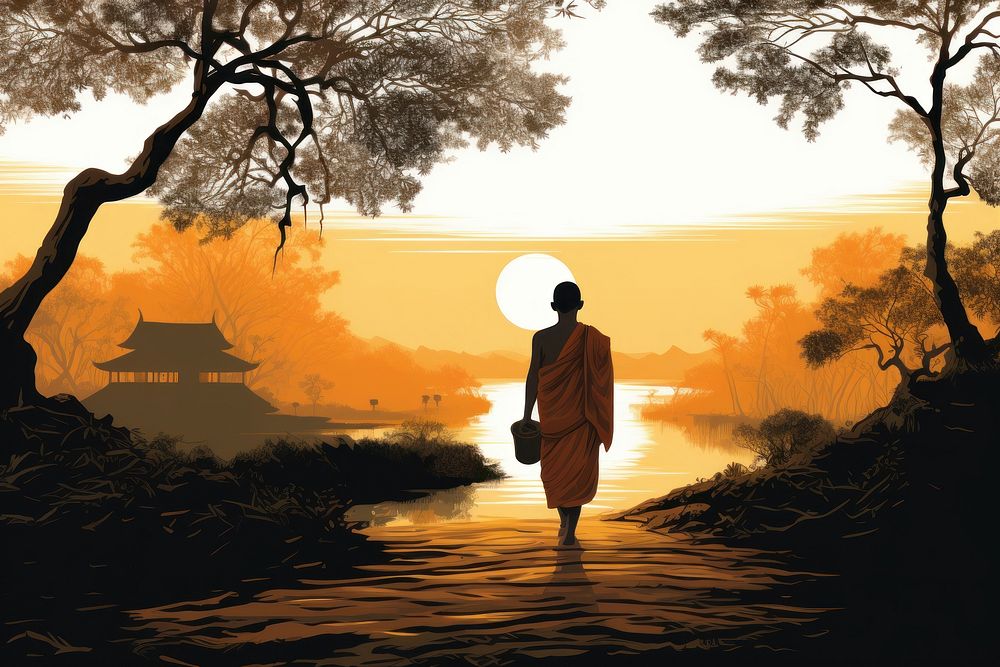 Illustration of a Monk sunlight outdoors walking.